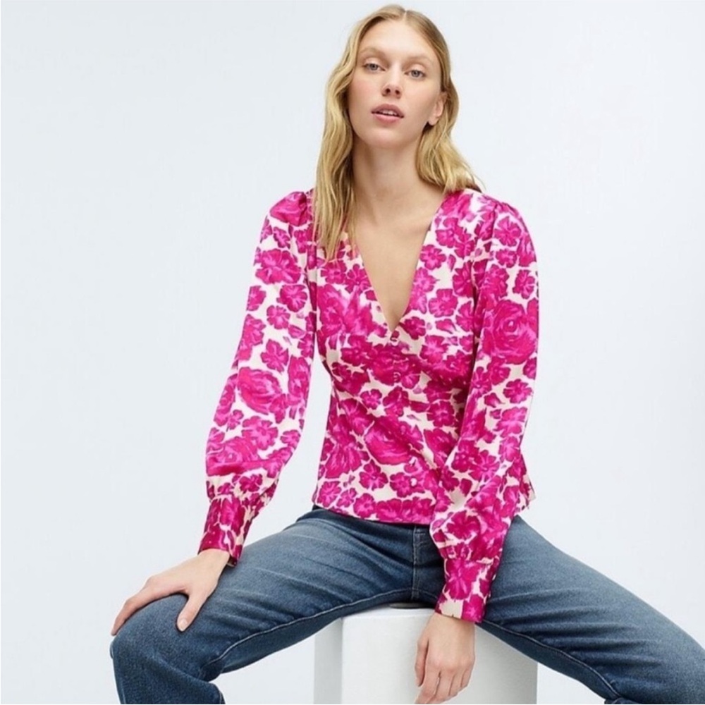 Pink Wrap Blouse with Plunge Neckline and Balloon Sleeves